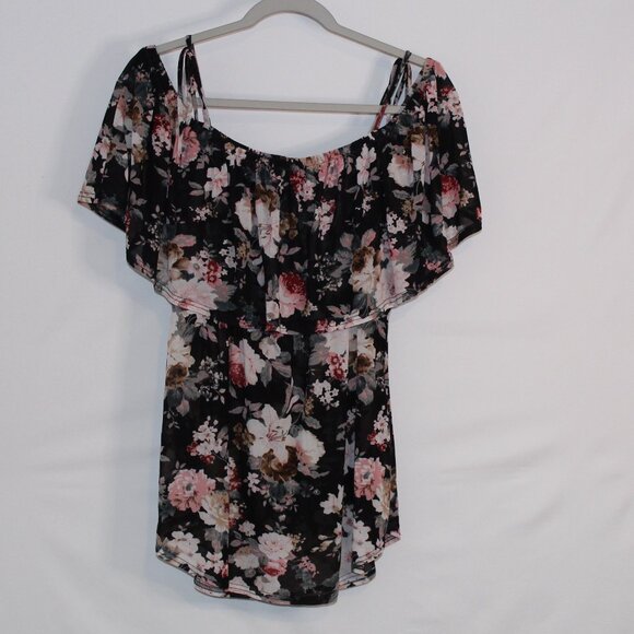 Unbranded black and multicolor floral off-the-shoulder short-sleeved top L - Picture 1 of 6